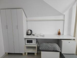 a small kitchen with a counter and a microwave at Grey Studio in Chişinău