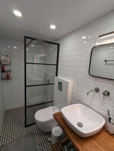 a bathroom with a shower and a toilet and a sink at Casa Leone, whole house with private pool! in Atsipopoulo