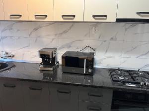 eine Küchentheke mit Mikrowelle und Herd in der Unterkunft LUCA apartament CENTRAL in Deva + 5 Fotos
