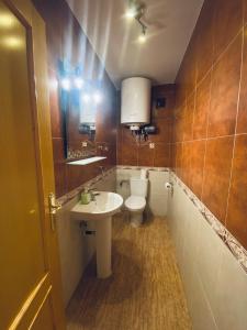 a bathroom with a toilet and a sink and a mirror at Guadarrama in Navaluenga +25 photos