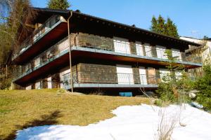 a building on a hill with snow in front of it at Ferienwohnung in Schönwald Schwarzwald in Schönwald