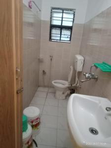 桑蒂尼盖登Gitanjali Hotel & Restaurant的带水槽、马桶和窗户的浴室