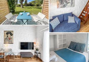 a living room with a blue couch and a table at Calme Jardin & Parking prox Royan Appart 2 in Médis