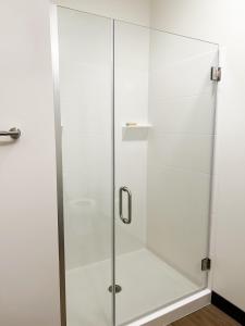 a shower with a glass door in a bathroom at Ballpark Spruce Studio in Saint Louis +8 photos