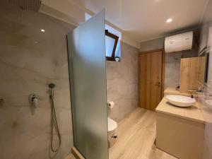 a bathroom with a shower and a toilet and a sink at La casa de verano in Skala Sotiros +77 photos