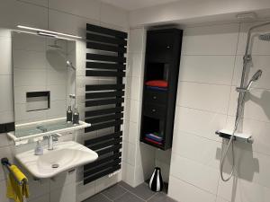 a bathroom with a sink and a mirror at Obertraum Appartement und Ferienwohnung in Solnhofen +17 photos