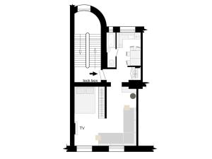 een plattegrond van een huis op een witte achtergrond bij Midcentury modern, quiet, 40m studio with bath in Rīga