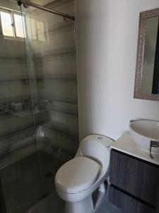a bathroom with a toilet and a sink and a shower at Descanso Perfecto in Santa Marta +4 photos