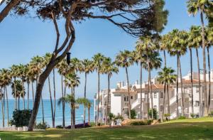 budynek z palmami przed oceanem w obiekcie Residencial Algaida w mieście Sitio de Calahonda