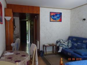 een woonkamer met een blauwe bank en een tafel bij F1 Massif du Canigou in Vernet-les-Bains