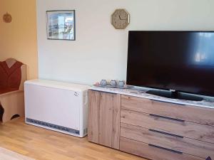 a large flat screen tv sitting on top of a wooden entertainment center at Holiday Home Uckeritz - Seebad 1 in Ueckeritz