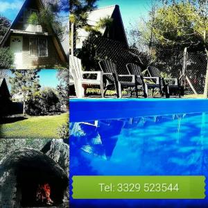 eine Collage mit Fotos von einem Haus und einem Pool in der Unterkunft Cabañas Alpinas San Pedro in San Pedro