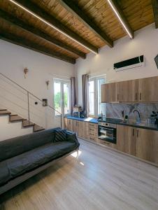 a large living room with a couch and a kitchen at Ionian Pearl Apartments And Suites in Corfu Town