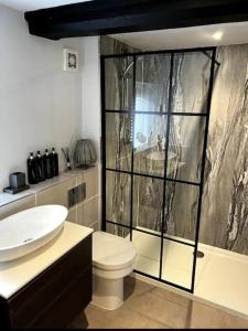 a bathroom with a toilet and a sink and a shower at Holland Cottage in Blockley +20 photos