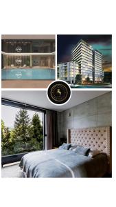 two pictures of a bedroom with a bed and a window at APARTAMENTY ARTE LUBLIN Studio Unia Art Residence 39 - faktura VAT in Lublin