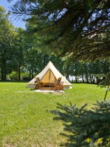 a white tent in a field with trees at Glamping za Zamkiem w Chęcinach in Chęciny