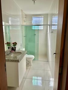 une salle de bain avec toilettes, lavabo et douche dans l'établissement Apto inteiro, novo,2 quartos, silencioso, à Presidente Soares