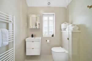 a bathroom with a toilet and a sink and a mirror at Hidden Gem in Finchley