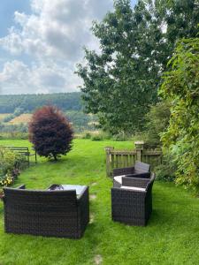 two wicker chairs sitting in the grass in a yard at Everley Cottage in Scarborough
