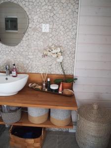 a bathroom with a sink and a mirror at Söderstrand B&B Tammi Room in Suur Ahvenkoski