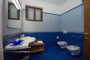 a blue bathroom with a sink and a toilet at ApartmentsGarda - Canevini Residence in Torri del Benaco