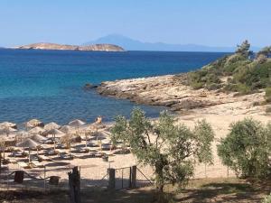 una spiaggia con molti ombrelloni e l'oceano di Oliviera ad Astrís