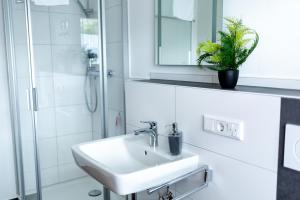 Koupelna v ubytování BEST STAY Haus Martina im Herzen der Rhön - 3 einzelbuchbare moderne Wohnungen für 2-8 Personen, Terrasse, Balkon, Garten, Ski und E-Bike Keller, Lounge, freies Wlan, familienfreundlich + 38 fotografií