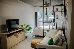 a living room with a couch and a tv and a bed at Anywhere Palermo Soho in Buenos Aires