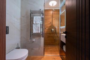 a bathroom with a toilet and a glass shower at Hotel De‘Andros Virpazar in Virpazar