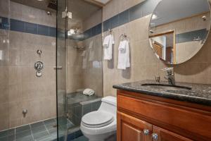 a bathroom with a toilet and a sink and a mirror at Ski In, Ski Out, Steam Shower in Unit, Outdoor Hot Tub in Steamboat Springs