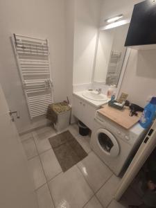 a bathroom with a washing machine and a sink at Appartement bella vista marseillan in Marseillan +28 photos