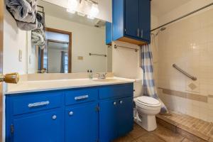a blue bathroom with a sink and a toilet at Private Retreat Shady Oak Backyard, PetFriendly in Round Rock +42 photos