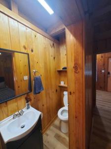a wooden bathroom with a toilet and a sink at 107 Vinewood Cabin in Brewton