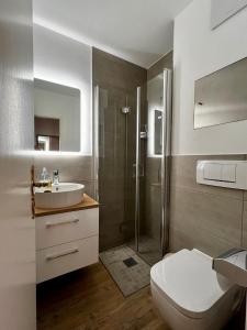Un baño con inodoro, lavabo y ducha. en The Lodge Braunlage, en Braunlage