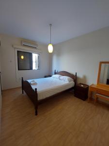 a bedroom with a bed and a window and a television at Kapparis Apartment in Paralimni