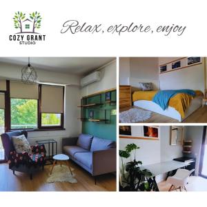a collage of three pictures of a room at Studio Cozy Grant in Bucharest