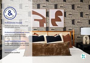 a poster for a bedroom with a bed and pillows at Rock Climbing Wall Pool& Mini Golf Game Room Mural in Peoria +45 photos