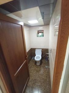 ein Badezimmer mit einem WC und einer Holztür in der Unterkunft Fun at the foot of the mountain in Kiş + 24 Fotos