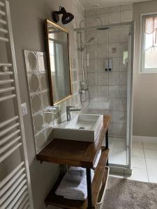 a bathroom with a sink and a shower at Petite maison de charme à Thury in Thury