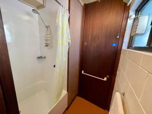 een badkamer met een douche met een douchegordijn bij Rocky Valley 11 in Falls Creek