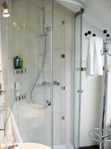 a shower with a glass door in a bathroom at Eva und Wolf Apartments in Sachsenheim +31 photos