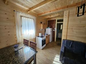 a kitchen and dining room with a table in a cabin at Brvnara, Bogutovačka Banja in Banja