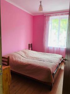 a bedroom with pink walls and a bed with a window at Guest House Mariami in Ushkhvanari
