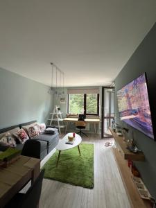 a living room with a couch and a flat screen tv at Borovets Gardens Apartment B15 in Borovets
