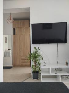 a living room with a flat screen tv on a wall at Luxury 2 Rooms Free Parking Air Conditioning Espresso Netflix Superb Modern Bright View Balcony Self Check in Militari in Bucharest