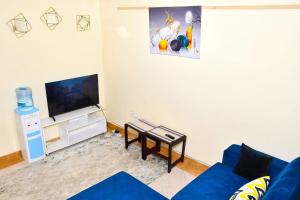 ナイロビにあるLustra Homestay South Bの青いソファとテレビのあるリビングルーム
