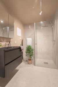 a bathroom with a shower and a sink at Spacious and elegant apartment in Tromsø