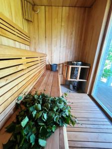 a plant sitting in the inside of a sauna at Cozy recreation area with a cabin in Šeduva