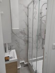 a bathroom with a glass shower and a sink at Studio à deux pas du métro in Gennevilliers