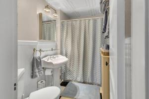 a bathroom with a sink and a toilet and a shower at Classic West Hartford Center Apartment in West Hartford +16 photos